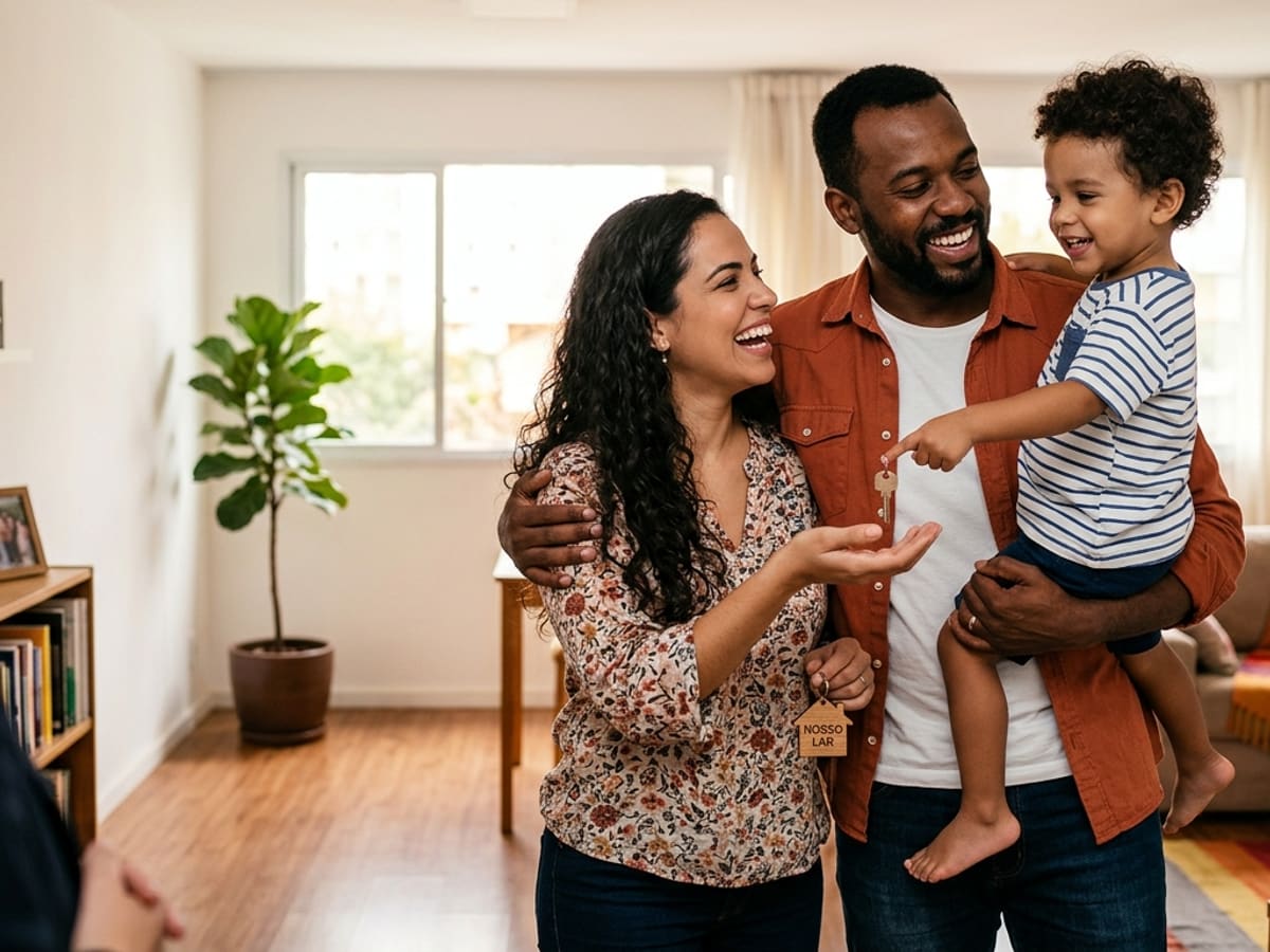 Família sorrindo recebendo as chaves do apartamento pelo Minha Casa Minha Vida