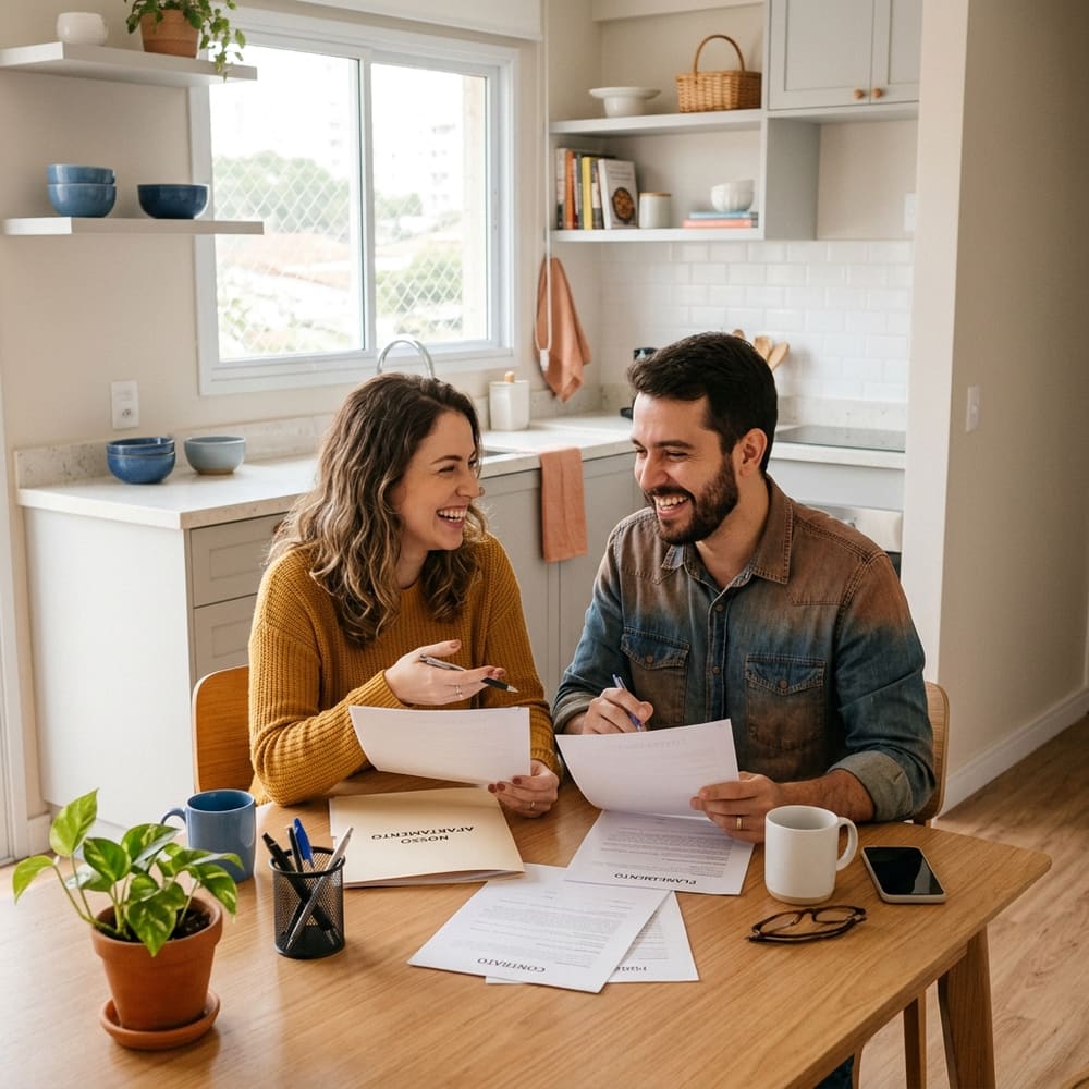 Casal jovem simulando o enquadramento no Minha Casa Minha Vida na cozinha de casa